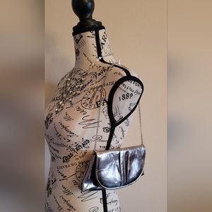 NINE WEST || Pewter Leather Clutch - Shoulder Bag w/ Silver Chain